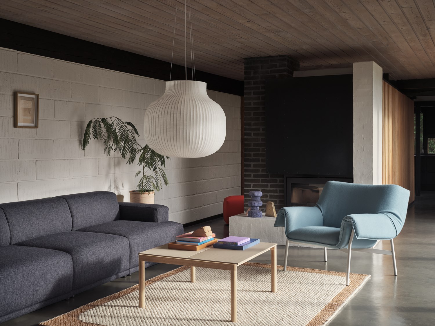Connect Soft Modular Sofa 3-Seater Config. 1 Ecriture 780, Couple Coffee Table 80x84x40 in 1 Plain 1 Wavy Sand/Oak, Wrap Lounge Chair in Grey/Hero 732, Strand Pendant Ø60 cm, Echo Pouf in Vidar 542, Pebble Rug 170x240 in Burnt Orange Connect Soft Modular Sofa 3-Seater Config. 1 Ecriture 780, Couple Coffee Table 80x84x40 in 1 Plain 1 Wavy Sand/Oak, Wrap Lounge Chair in Grey/Hero 732, Strand Pendant Ø60 cm, Echo Pouf in Vidar 542, Pebble Rug 170x240 in Burnt Orange