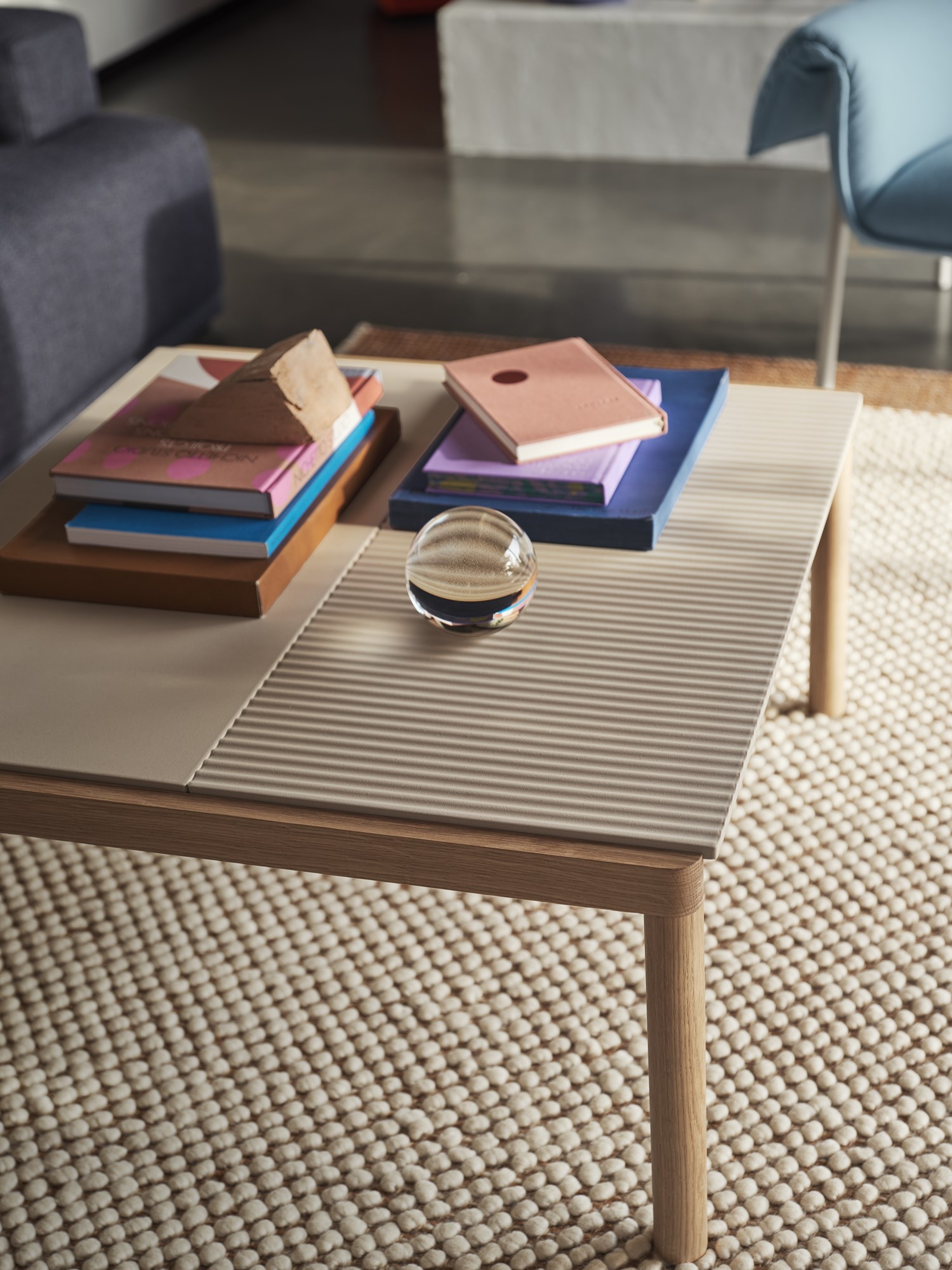 Couple Coffee Table 80x84x40 1 Plain 1 Wavy in Sand/Oak, Pebble Rug in Burnt Orange, Wrap Lounge Chair in Hero 732, Connect Soft Modular Sofa Ecriture 780 Couple Coffee Table 80x84x40 1 Plain 1 Wavy in Sand/Oak, Pebble Rug in Burnt Orange, Wrap Lounge Chair in Hero 732, Connect Soft Modular Sofa Ecriture 780
