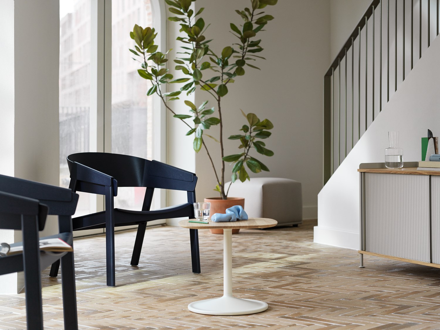 Cover Lounge Chair in Midnight Blue -  Soft Side Table H:40 45x45 cm in Off-White/Solid Oak - Enfold Low in Grey - Echo Pouf 42x62 cm in Divina 224 Cover Lounge Chair in Midnight Blue -  Soft Side Table H:40 45x45 cm in Off-White/Solid Oak - Enfold Low in Grey - Echo Pouf 42x62 cm in Divina 224