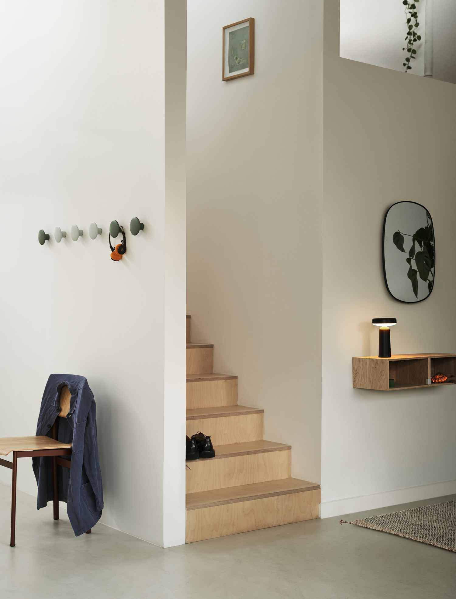 Dots Wood Ø9 cm in Sage Green and Dusty Green, Framed Mirror in Dark Green, Mini Stacked Small, Ease Portable Lamp in Black, Loft Chair in Deep Red, Ply Rug in Black/White Dots Wood Ø9 cm in Sage Green and Dusty Green, Framed Mirror in Dark Green, Mini Stacked Small, Ease Portable Lamp in Black, Loft Chair in Deep Red, Ply Rug in Black/White