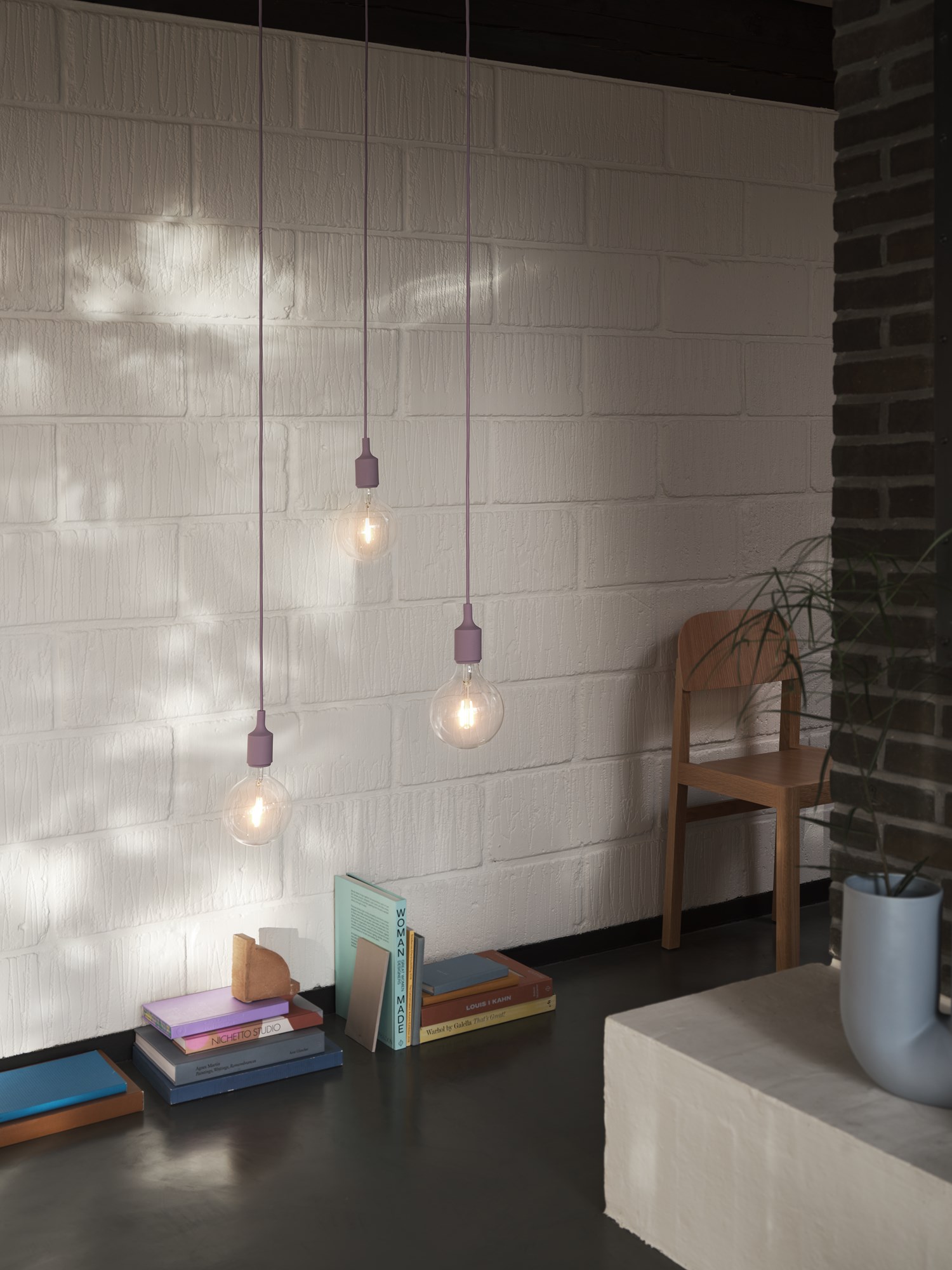 E27 Pendant Lamp in Dusty Lilac, Workshop Chair in Oak, Kink Vase in Light Blue E27 Pendant Lamp in Dusty Lilac, Workshop Chair in Oak, Kink Vase in Light Blue