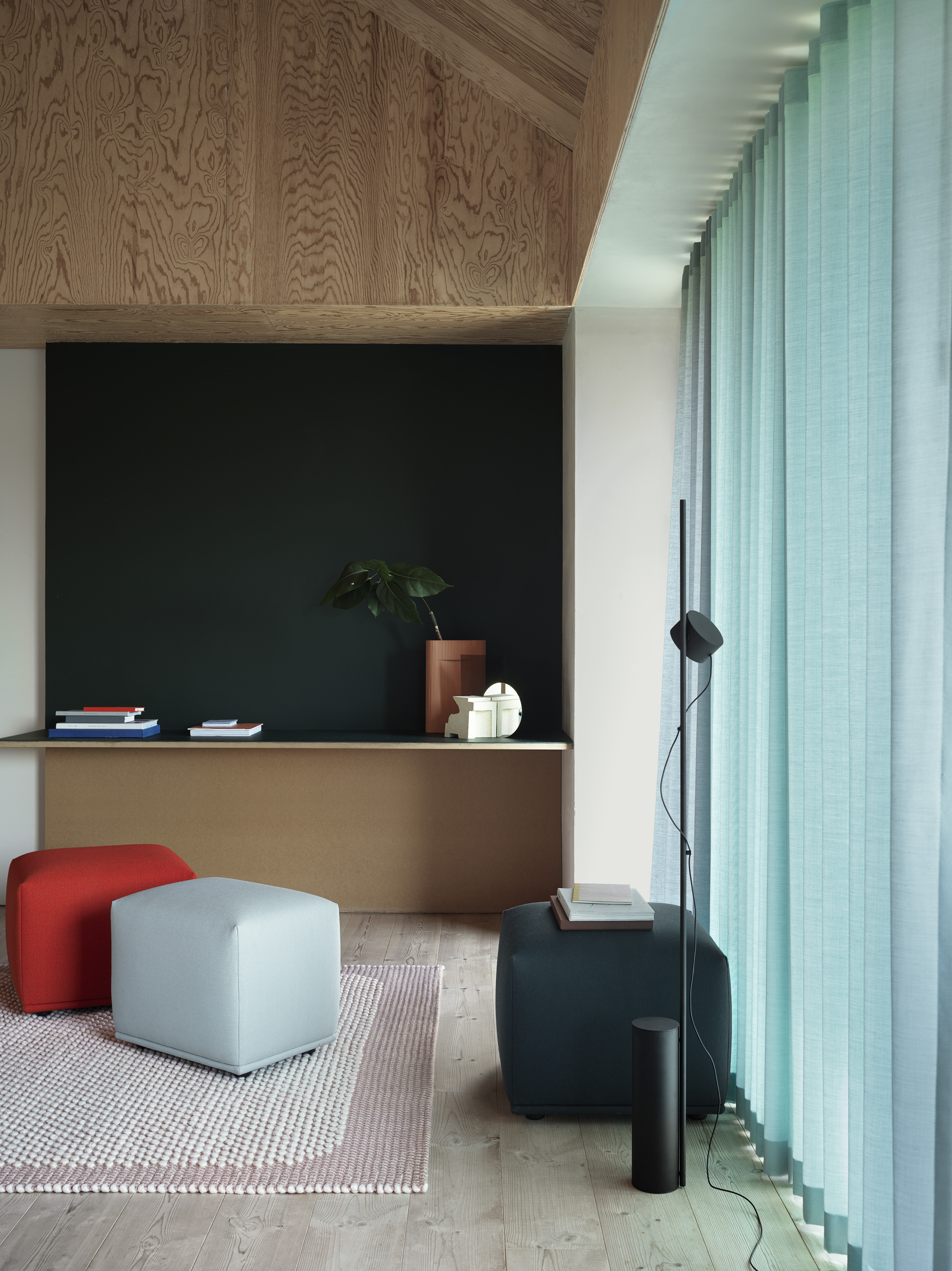 Echo Pouf in Vidar 542, Echo Pouf in Forest Nap 912, Echo Pouf in Forest Nap 992, Post Floor Lamp, Ridge Vase in Terracotta, Pebble Rug in Rose