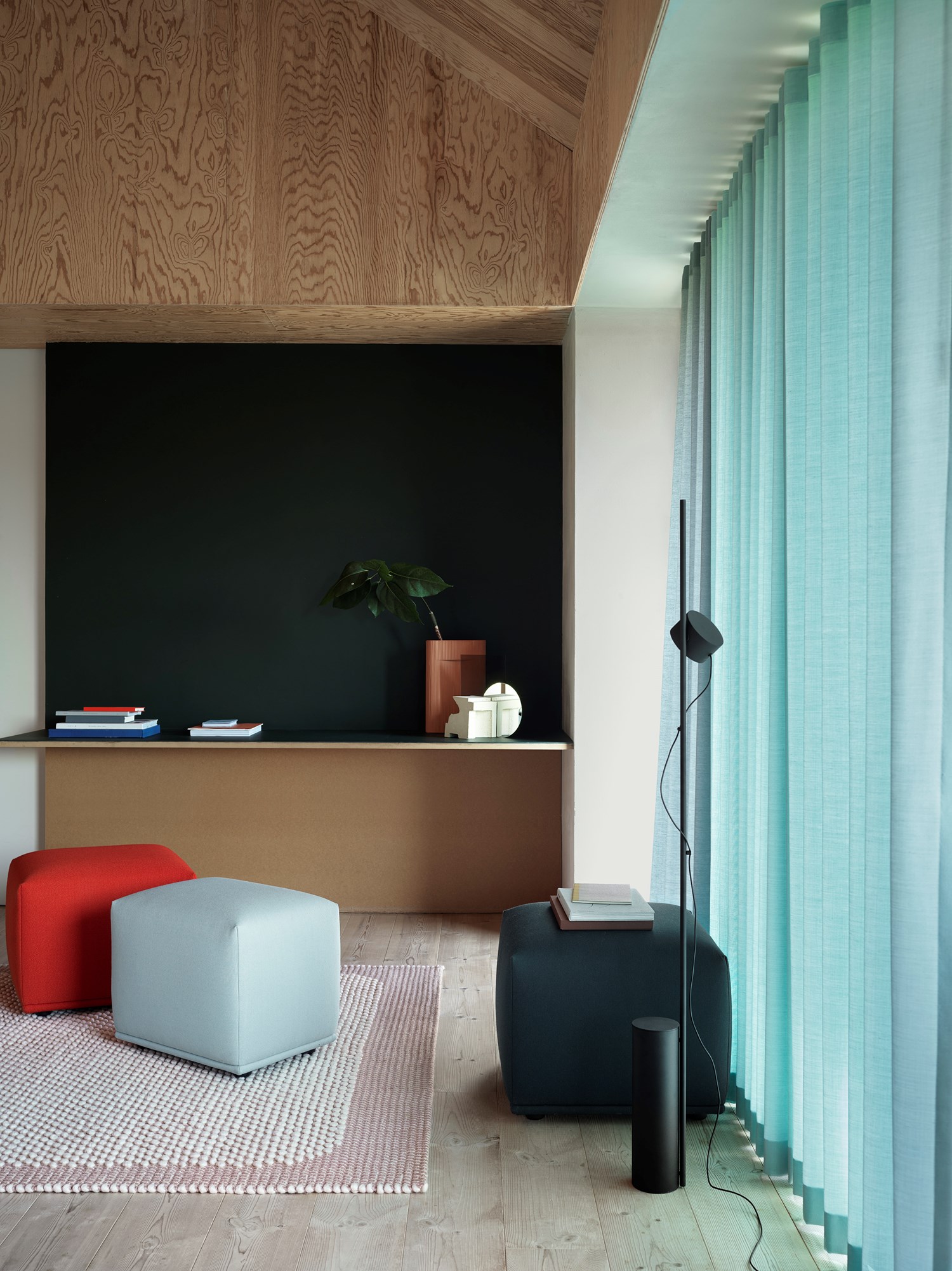 Echo Pouf in Vidar 542, Echo Pouf in Forest Nap 912, Echo Pouf in Forest Nap 992, Post Floor Lamp, Ridge Vase in Terracotta, Pebble Rug in Rose Echo Pouf in Vidar 542, Echo Pouf in Forest Nap 912, Echo Pouf in Forest Nap 992, Post Floor Lamp, Ridge Vase in Terracotta, Pebble Rug in Rose