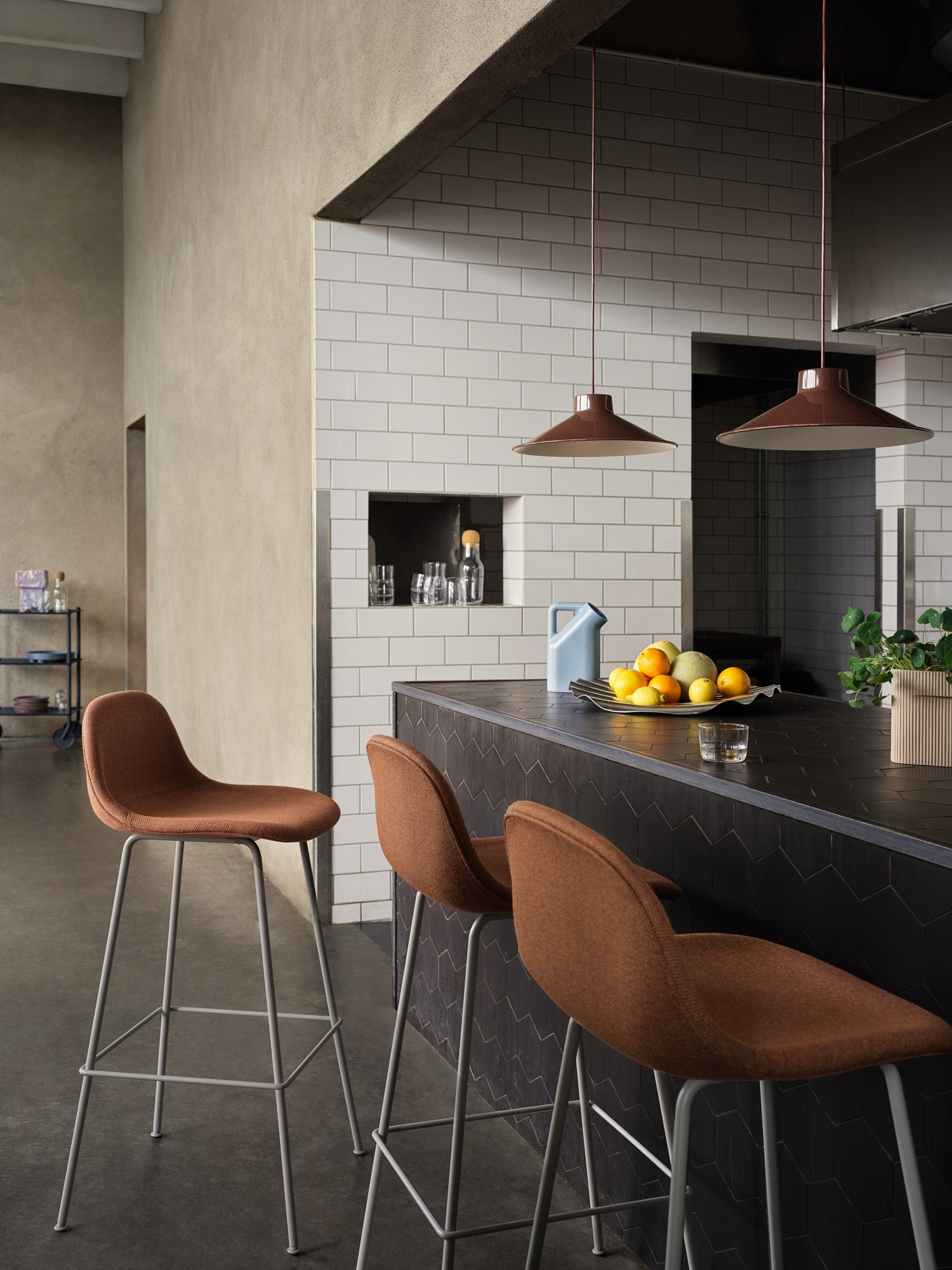 Fiber Bar Stool w. Backrest H75 cm Tube Base in Grey/Rewool 568, Top Pendant Ø36 cm in Deep Red, Tub Jug in Pale Blue, Ridge Vase H16,5 cm in Beige, Wave Tray, Flow Trolley, Corky Carafe & Glasses in Clear Fiber Bar Stool w. Backrest H75 cm Tube Base in Grey/Rewool 568, Top Pendant Ø36 cm in Deep Red, Tub Jug in Pale Blue, Ridge Vase H16,5 cm in Beige, Wave Tray, Flow Trolley, Corky Carafe & Glasses in Clear