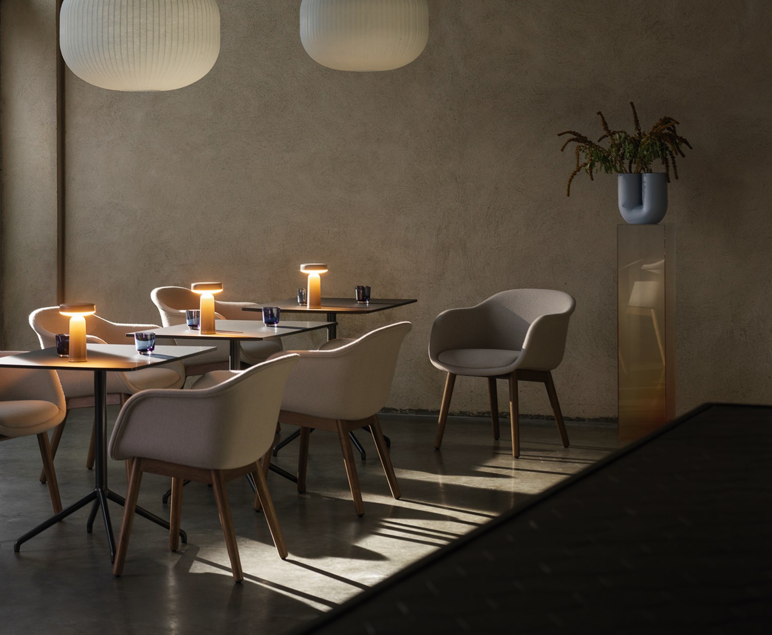 Fiber Conference w. Wood Base in Hallingdal 113 & Stained Dark Brown Base - Still Café Table 75x65 cm in Black - Ease Portable Lamp in Taupe - Strand Closed Ø60 - Raise in Dark Blue - Kink Vase in Light Blue Fiber Conference w. Wood Base in Hallingdal 113 & Stained Dark Brown Base - Still Café Table 75x65 cm in Black - Ease Portable Lamp in Taupe - Strand Closed Ø60 - Raise in Dark Blue - Kink Vase in Light Blue