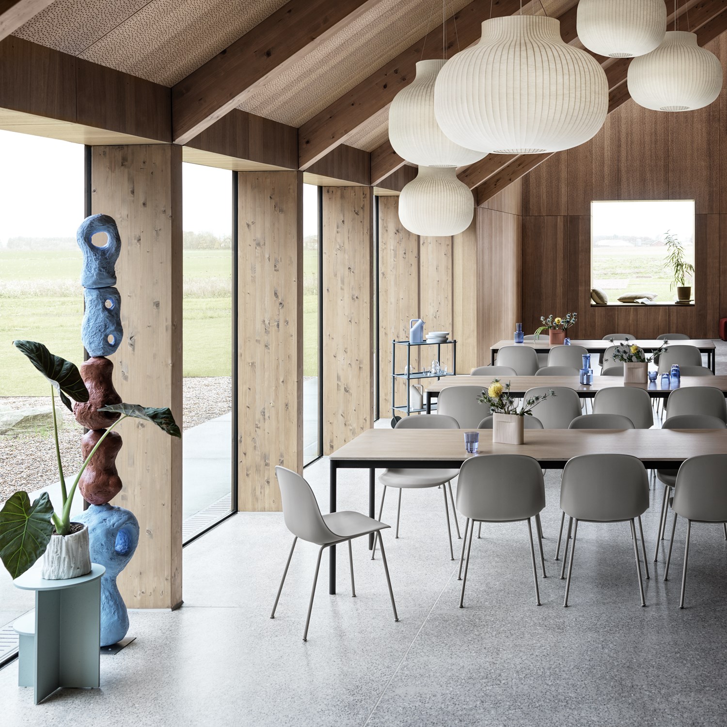 Fiber Side Chair Tube Base - Grey/Grey, Base Table 250 x 90 cm - Oak Veneer/Black, Strand Pendant Lamp, Halves Side Table - Sage Green, Ridge Vase H 16,5 cm - Beige, Raise - Indigo, Flow Trolley - Grey Fiber Side Chair Tube Base - Grey/Grey, Base Table 250 x 90 cm - Oak Veneer/Black, Strand Pendant Lamp, Halves Side Table - Sage Green, Ridge Vase H 16,5 cm - Beige, Raise - Indigo, Flow Trolley - Grey