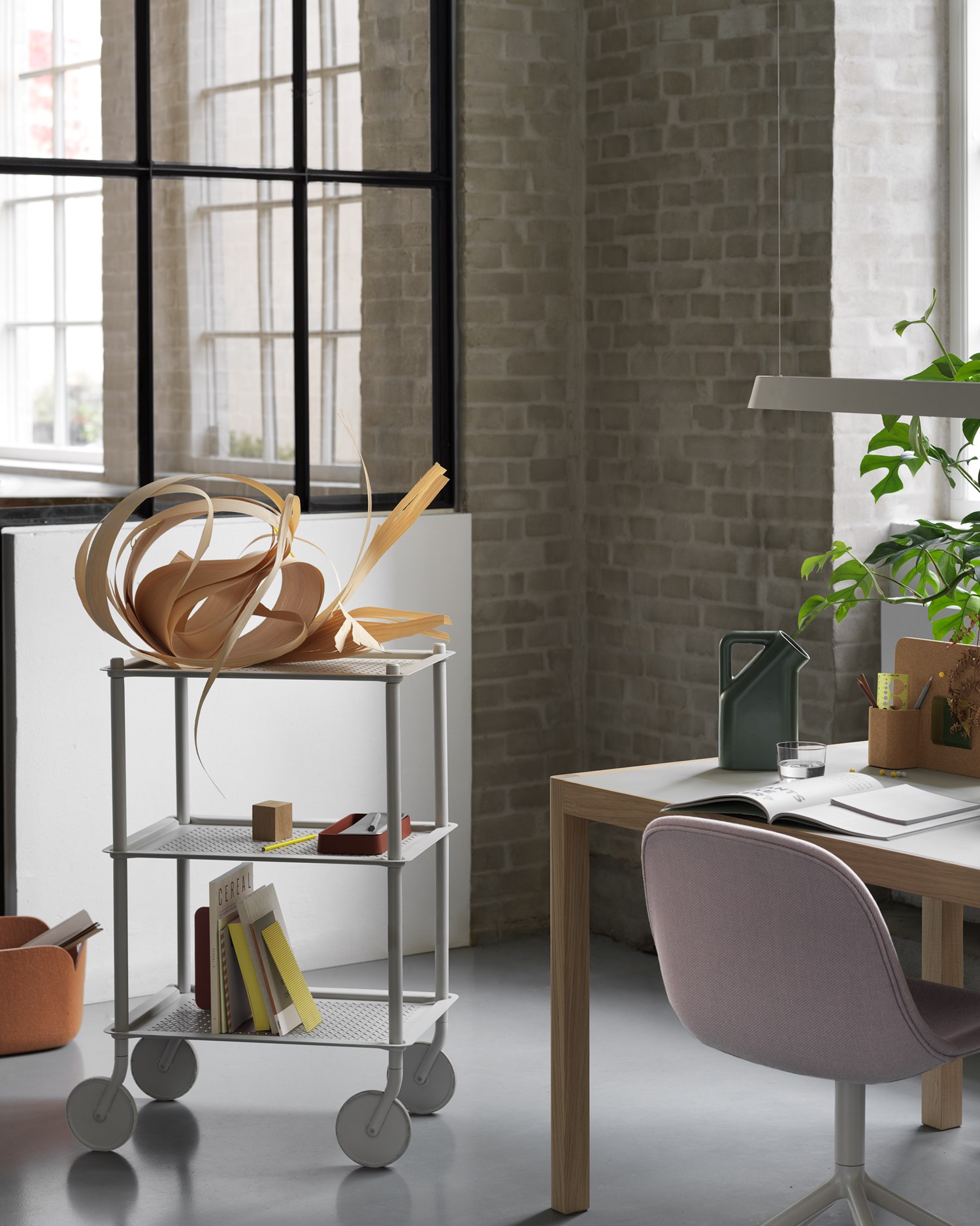 Flow Trolley 3-Layer in Grey, Workshop Table in Oak/Warm Grey, Fiber Side Chair w. Swivel Base in Grey and Twill Weave 620, Story Pinboard, Linear Pendant
 Flow Trolley 3-Layer in Grey, Workshop Table in Oak/Warm Grey, Fiber Side Chair w. Swivel Base in Grey and Twill Weave 620, Story Pinboard, Linear Pendant