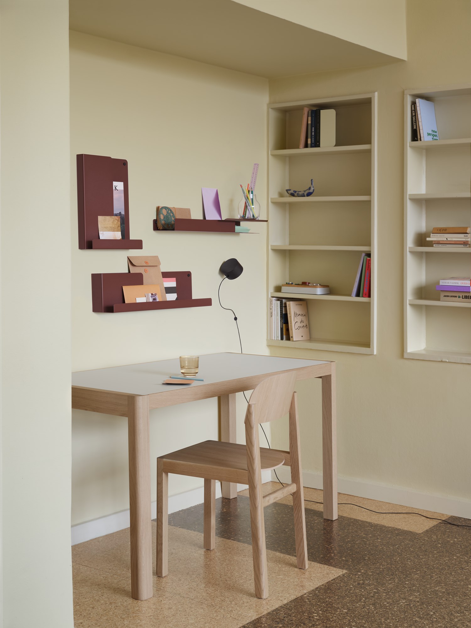 Folded Shelves in Deep Red - Workshop Table 130 cm in Warm Grey Linoleom/Oak - Workshop Chair in Oak - Post Wall Lamp in Black - Silent Vase Ø11 cm in Clear - Raise Glass in Burnt Orange - Arrange Desktop Series Tray in Grey Folded Shelves in Deep Red - Workshop Table 130 cm in Warm Grey Linoleom/Oak - Workshop Chair in Oak - Post Wall Lamp in Black - Silent Vase Ø11 cm in Clear - Raise Glass in Burnt Orange - Arrange Desktop Series Tray in Grey