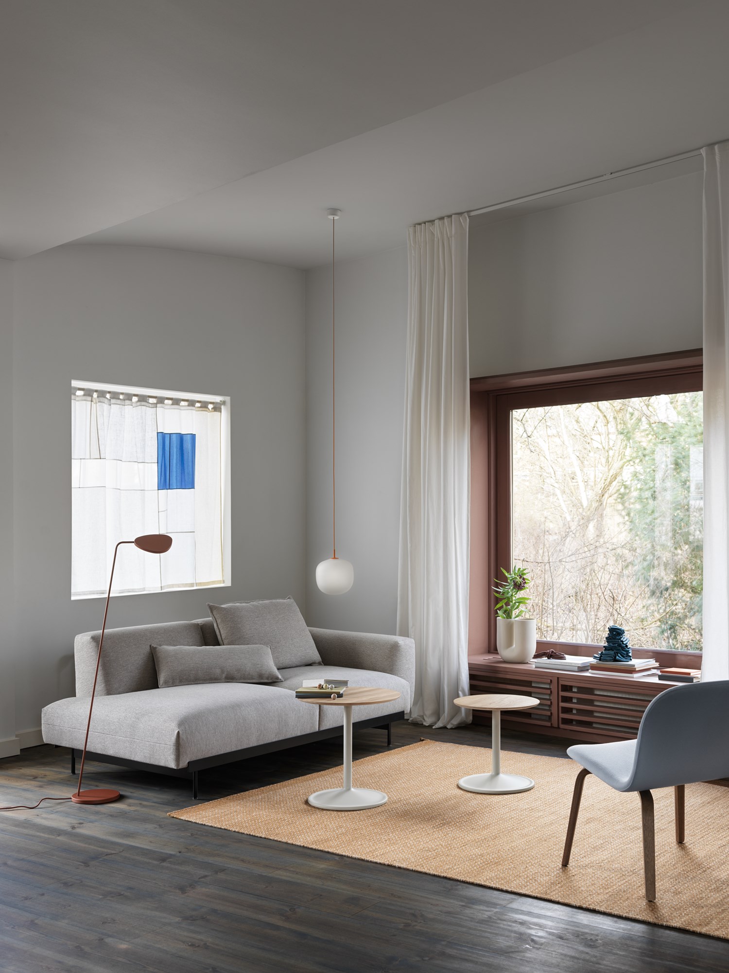 In Situ 2-Seater Configuration 2 Clay 12, Soft Side Table, Visu Lounge Steelcut 120/Stained Dark Brown, Ply Rug, Leaf Lamp In Situ 2-Seater Configuration 2 Clay 12, Soft Side Table, Visu Lounge Steelcut 120/Stained Dark Brown, Ply Rug, Leaf Lamp