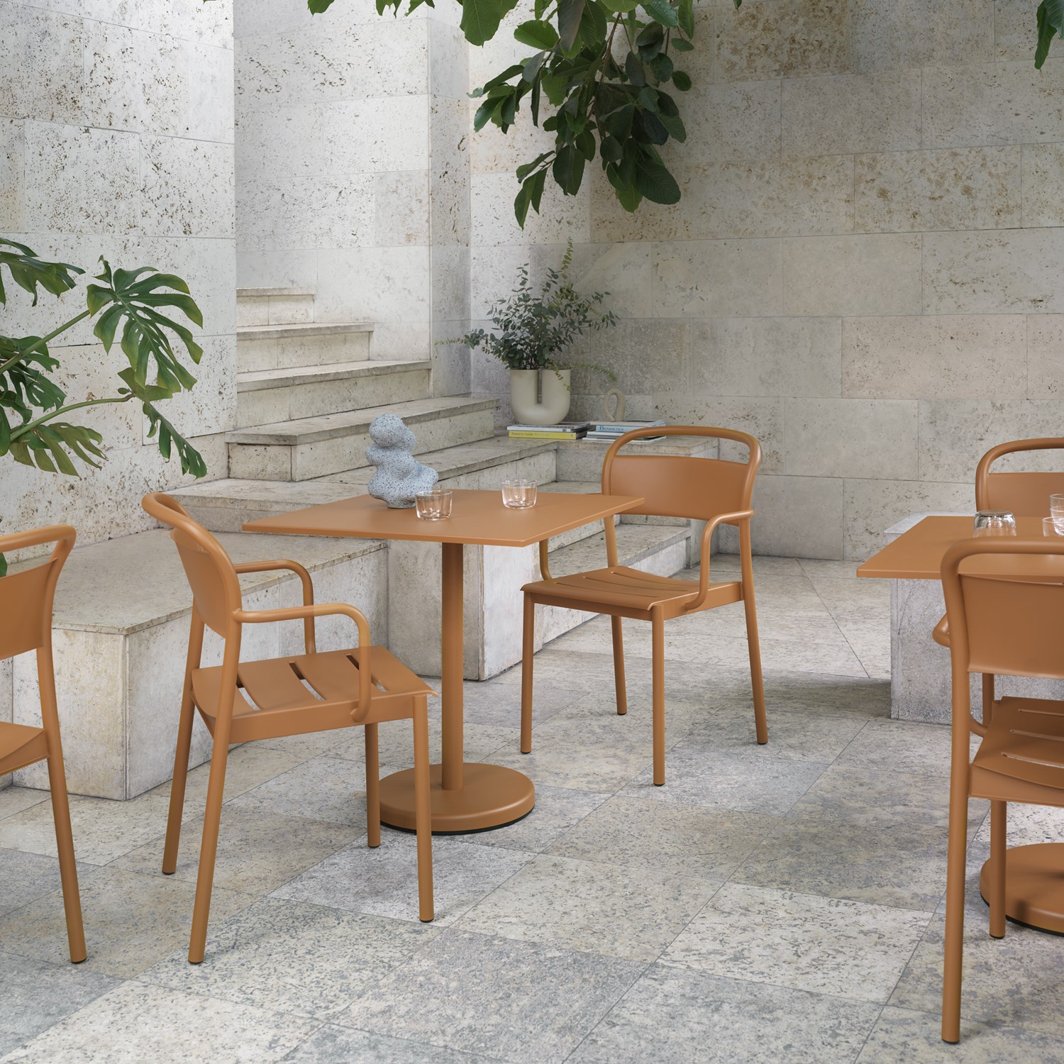 Linear Steel Armchair Linear Steel Cafe Table 70x70 Burnt Orange-1:1 Square