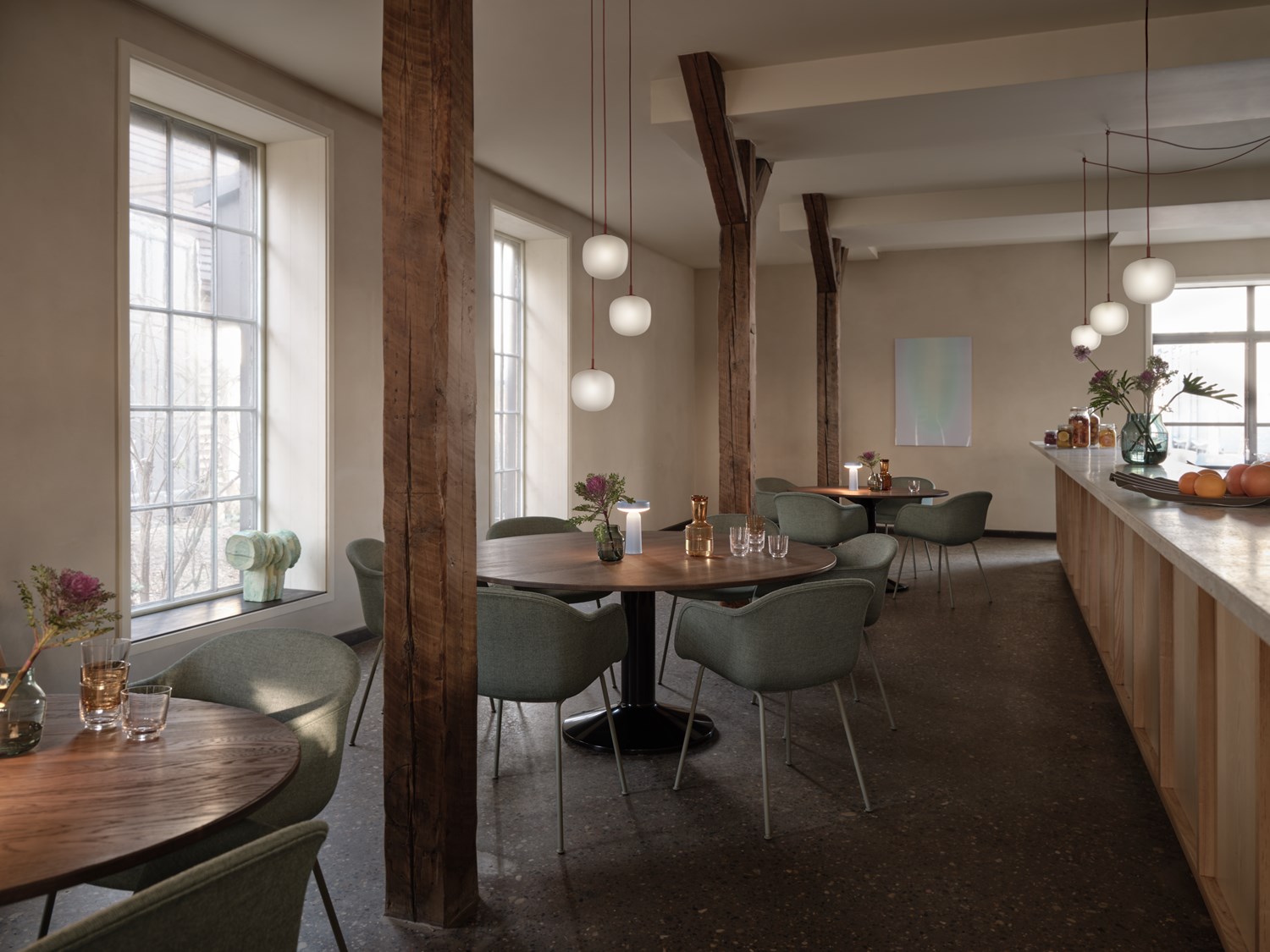 Midst Table Ø160 cm in Dark Oiled Oak/Black - Fiber Armchair Tube Base Sabi 921/Dusty Green - Rime Pendant Lamp Ø18 cm in Deep Red - Ease Portable Lamp in Light Blue - Silent Vase Ø11 & Ø20 cm in Dark Green - Raise Carafe in Burnt Orange - Raise Glasses in Clear - Wave Tray Midst Table Ø160 cm in Dark Oiled Oak/Black - Fiber Armchair Tube Base Sabi 921/Dusty Green - Rime Pendant Lamp Ø18 cm in Deep Red - Ease Portable Lamp in Light Blue - Silent Vase Ø11 & Ø20 cm in Dark Green - Raise Carafe in Burnt Orange - Raise Glasses in Clear - Wave Tray