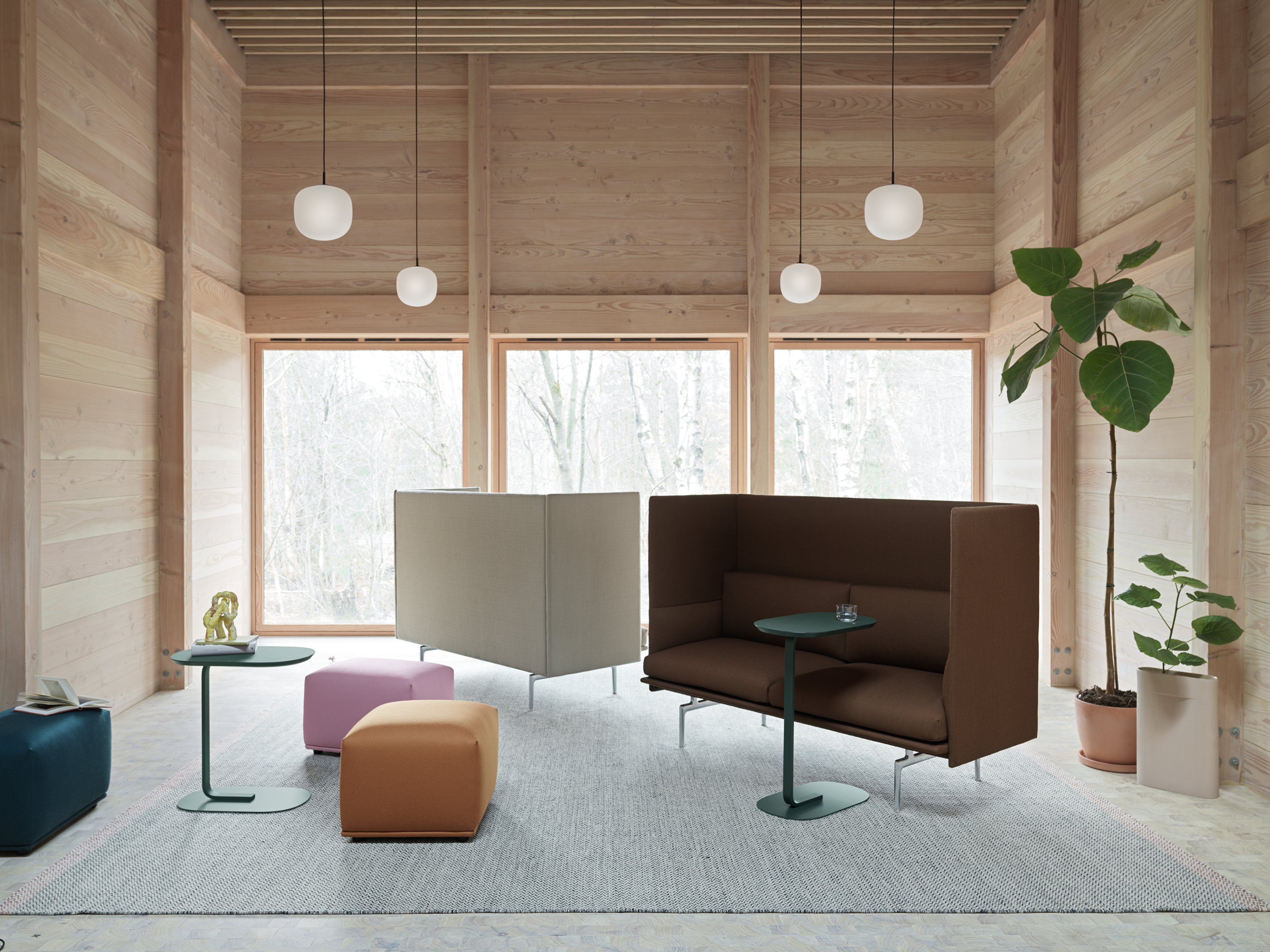 Outline Highback 2-Seater H45 Vidar 222, Vidar 363, Relate Side Table, Echo Pouf, Rime Pendant Black