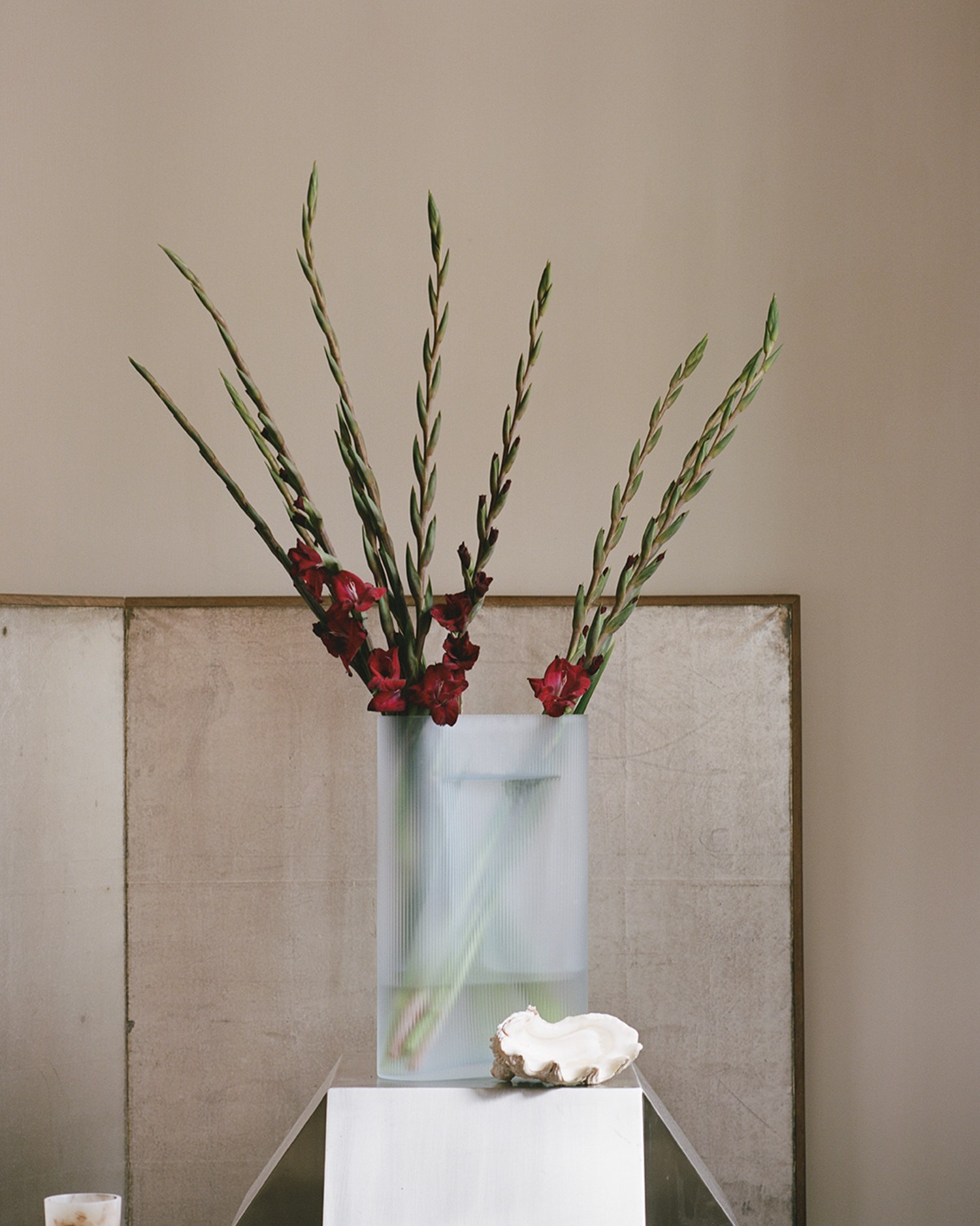 A clear glass vase with tall, slender stalks of red gladiolus flowers is placed on a minimalist pedestal. The soft, neutral background highlights the simple elegance of the floral arrangement. A clear glass vase with tall, slender stalks of red gladiolus flowers is placed on a minimalist pedestal. The soft, neutral background highlights the simple elegance of the floral arrangement.