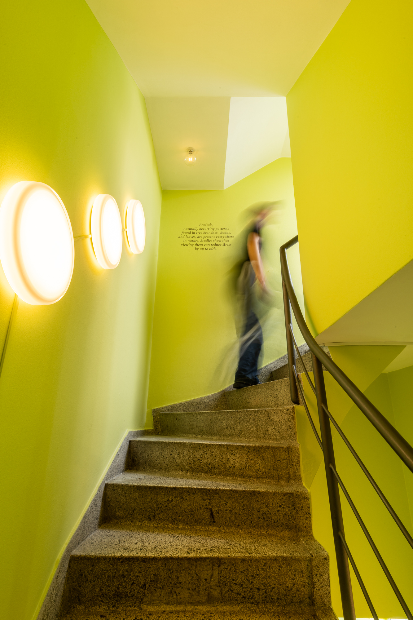 Looped Wall Ceiling lamps hanging in a light green staircase