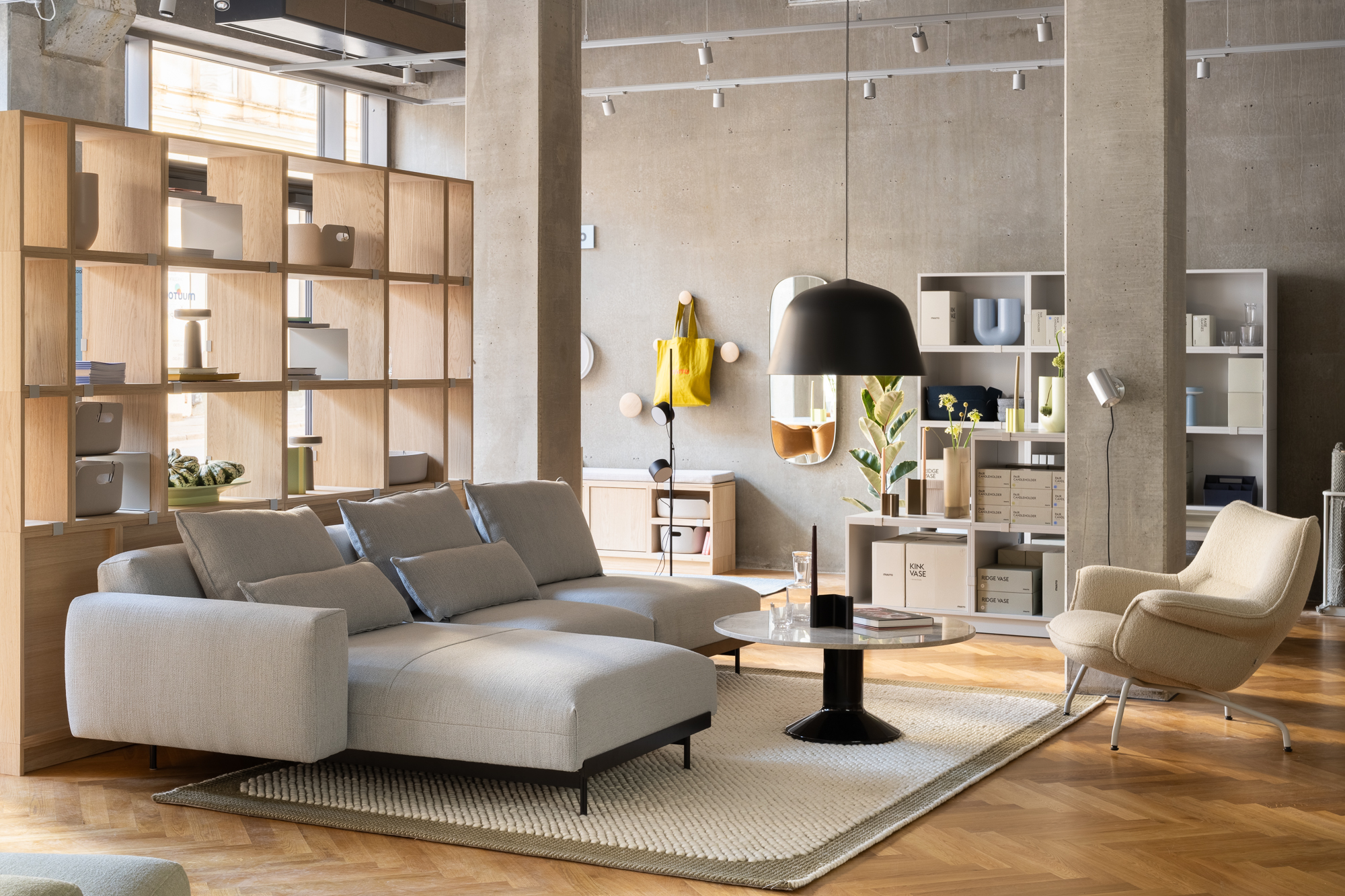 This is a sofa setting with In Situ Modular Sofa, Midst Coffee Table and Stacked Storage System.